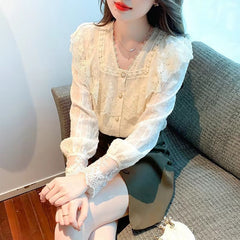 Casual Long Sleeve Ruffles V-Neck Lace Blouse Shirt Mssza