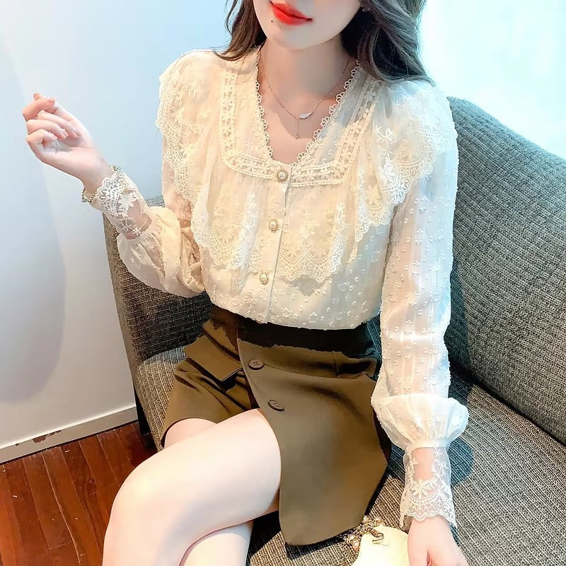 Casual Long Sleeve Ruffles V-Neck Lace Blouse Shirt Mssza