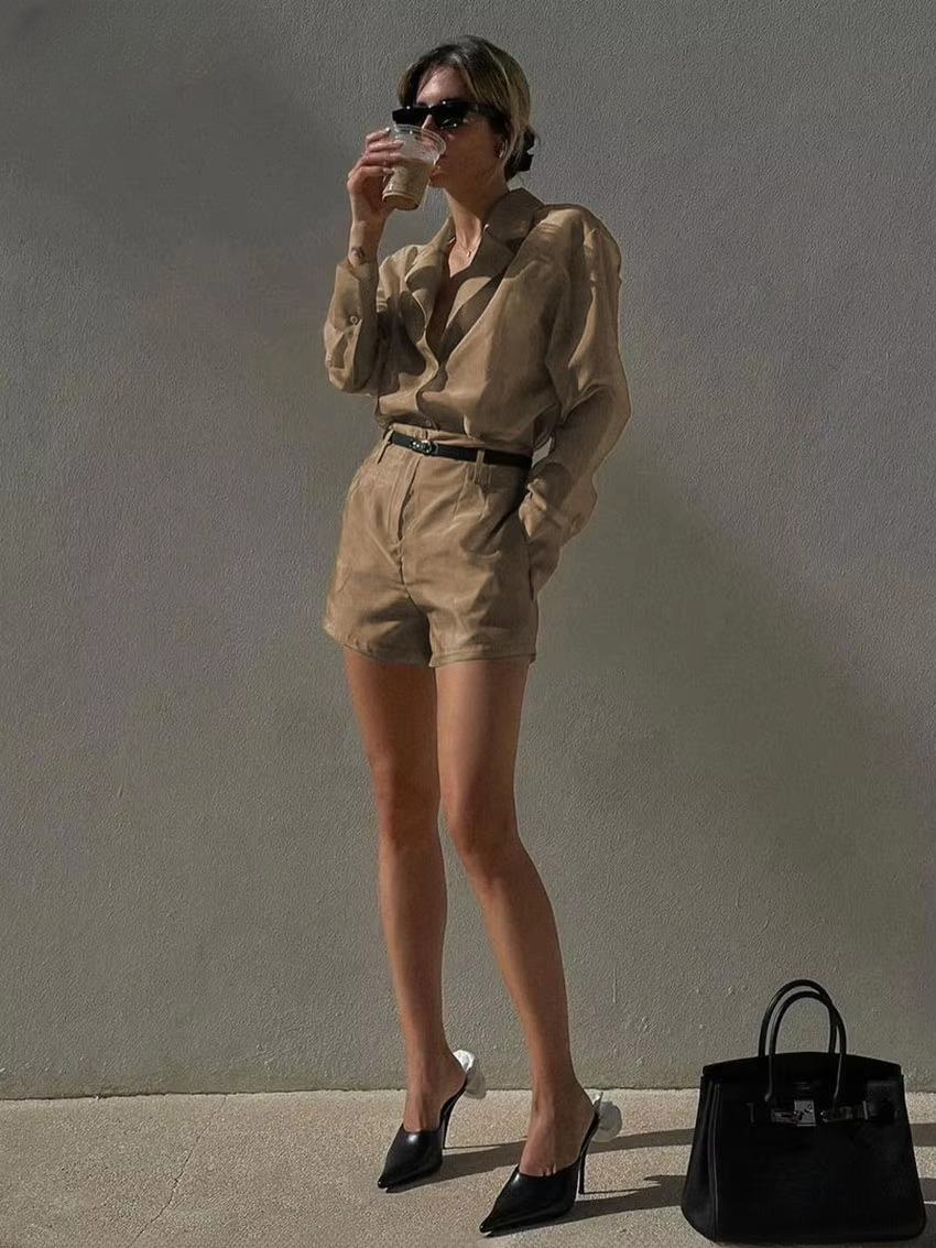 Casual Long Sleeve Shirt With High Waist Streetwear Shorts 2 Piece Sets Mssza