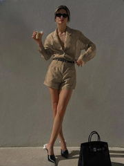 Casual Long Sleeve Shirt With High Waist Streetwear Shorts 2 Piece Sets Mssza