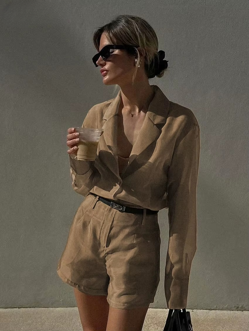 Casual Long Sleeve Shirt With High Waist Streetwear Shorts 2 Piece Sets Mssza