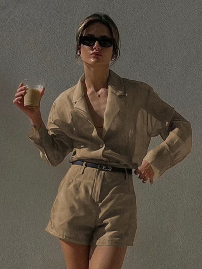 Casual Long Sleeve Shirt With High Waist Streetwear Shorts 2 Piece Sets Mssza