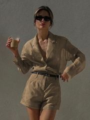 Casual Long Sleeve Shirt With High Waist Streetwear Shorts 2 Piece Sets Mssza