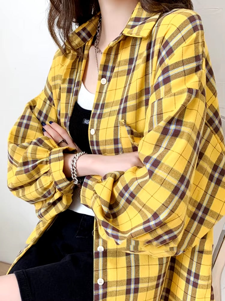 Casual Long Sleeve Single Breasted Plaid Oversize Shirt Mssza