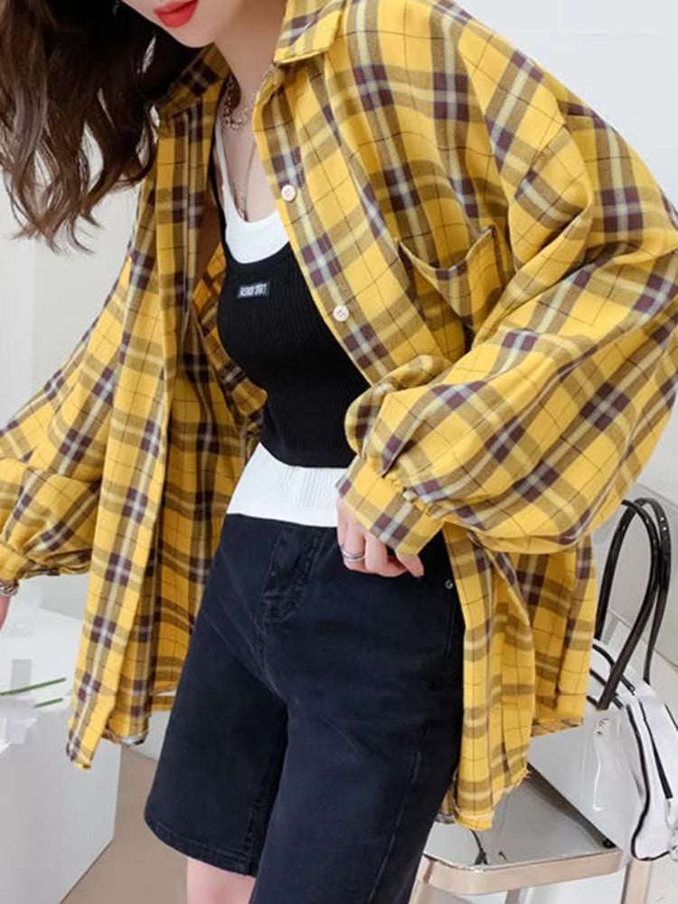 Casual Long Sleeve Single Breasted Plaid Oversize Shirt Mssza