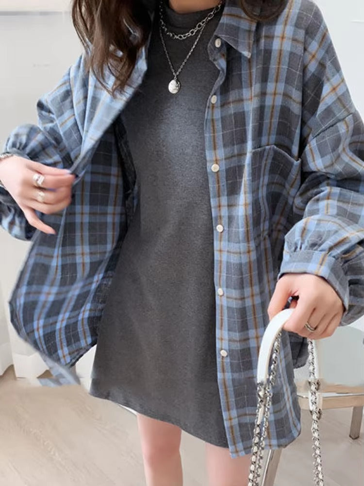Casual Long Sleeve Single Breasted Plaid Oversize Shirt Mssza