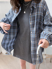 Casual Long Sleeve Single Breasted Plaid Oversize Shirt Mssza