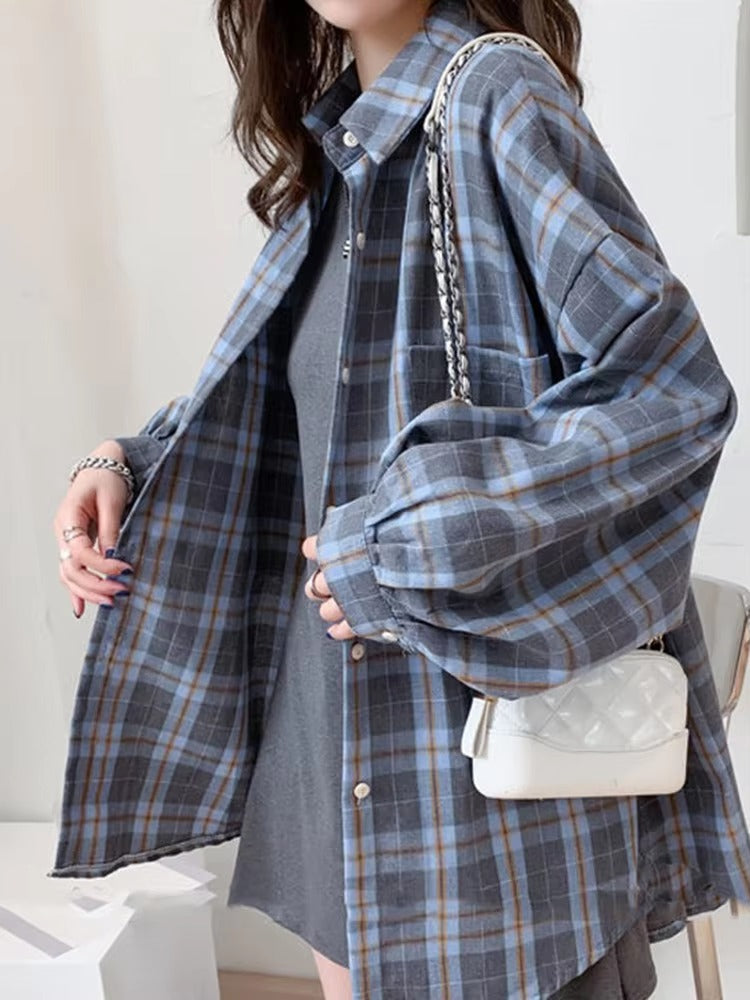 Casual Long Sleeve Single Breasted Plaid Oversize Shirt Mssza