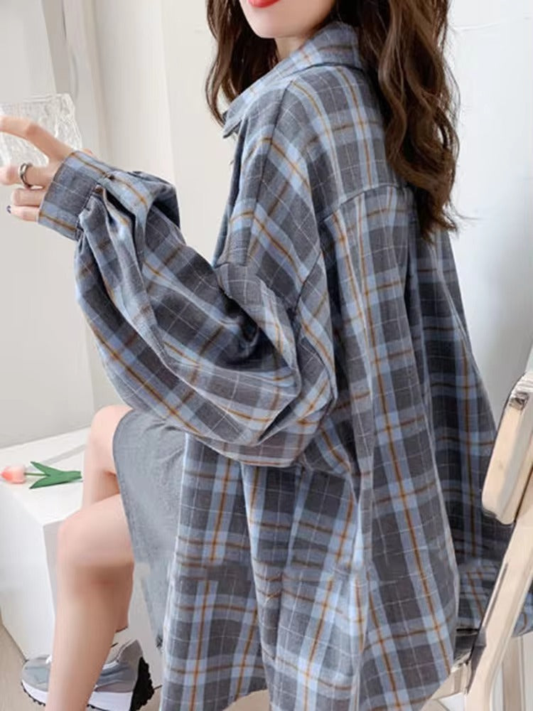 Casual Long Sleeve Single Breasted Plaid Oversize Shirt Mssza