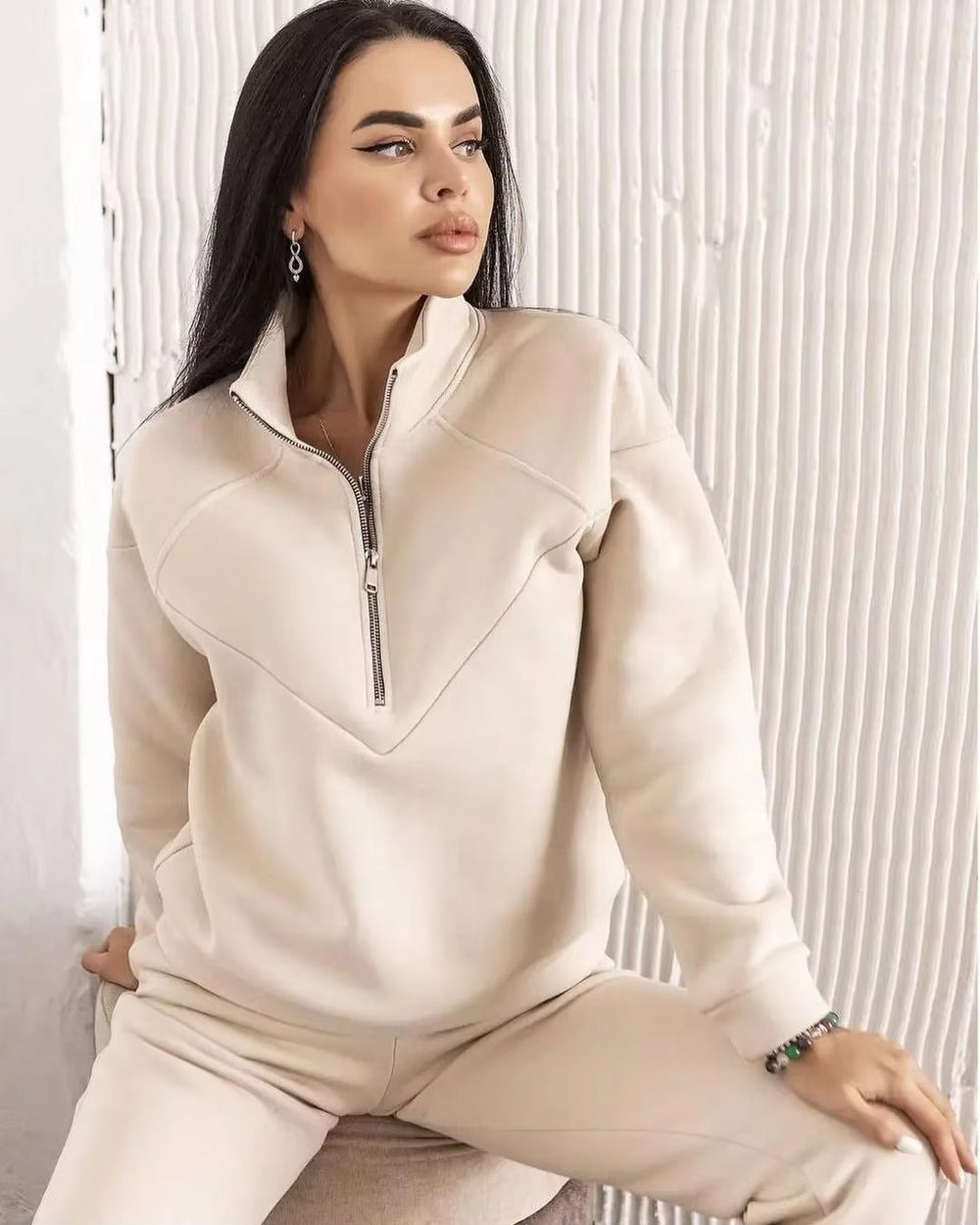 Casual Long Sleeve Solid Color Fleece Pullover Hooded Sweatshirt 2-Piece Set Mssza