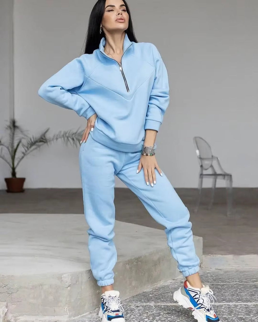 Casual Long Sleeve Solid Color Fleece Pullover Hooded Sweatshirt 2-Piece Set Mssza