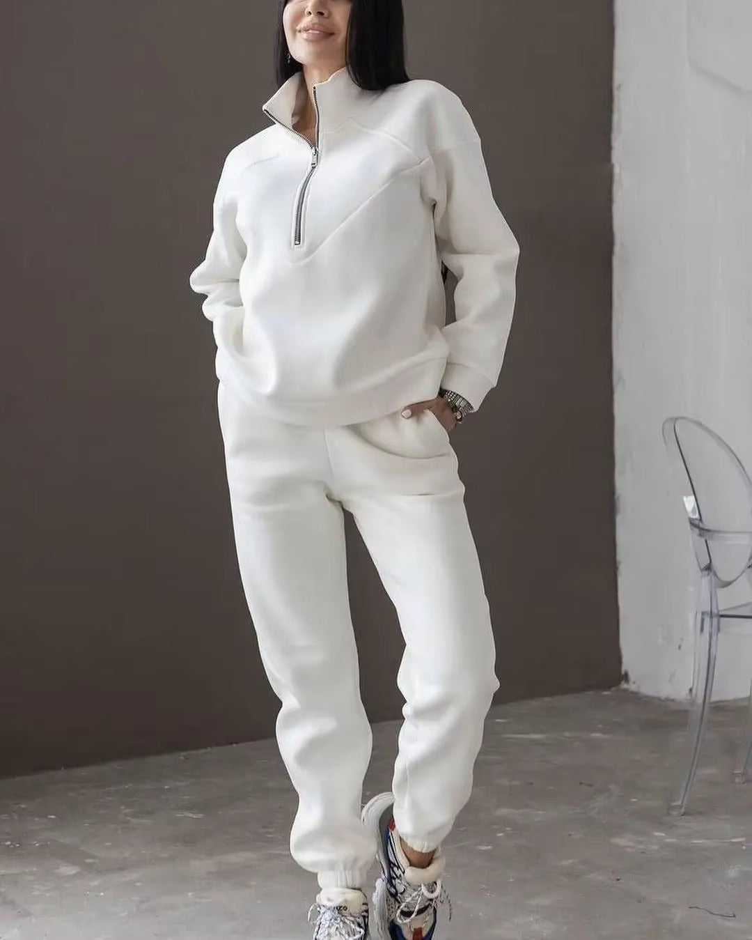 Casual Long Sleeve Solid Color Fleece Pullover Hooded Sweatshirt 2-Piece Set Mssza