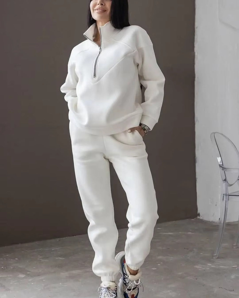 Casual Long Sleeve Solid Color Fleece Pullover Hooded Sweatshirt 2-Piece Set Mssza