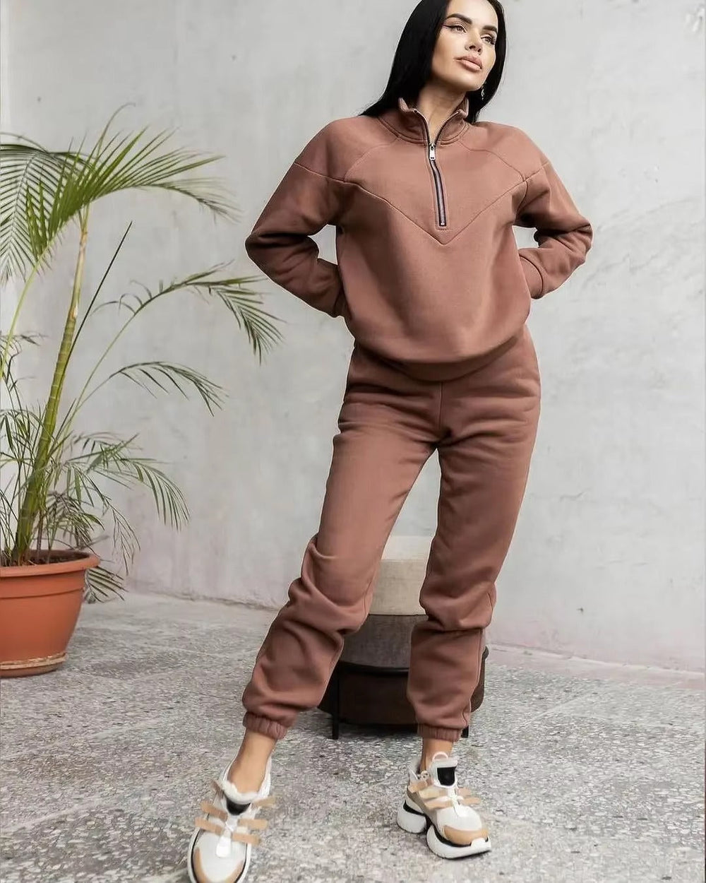Casual Long Sleeve Solid Color Fleece Pullover Hooded Sweatshirt 2-Piece Set Mssza
