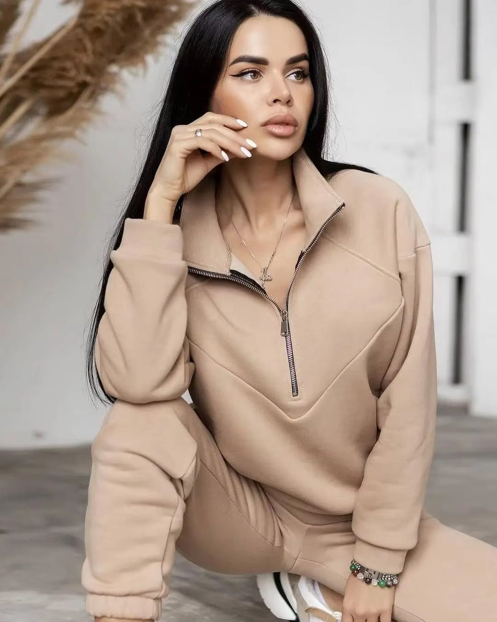 Casual Long Sleeve Solid Color Fleece Pullover Hooded Sweatshirt 2-Piece Set Mssza