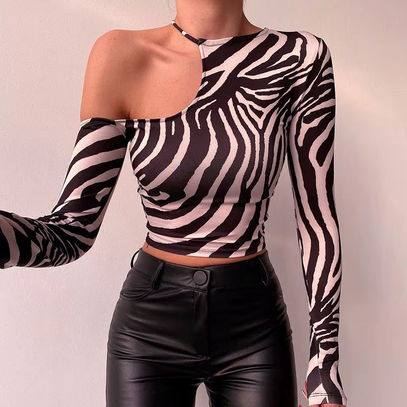 Casual Long Sleeve Strapless Zebra Print Irregular Streetwear Short Top Mssza