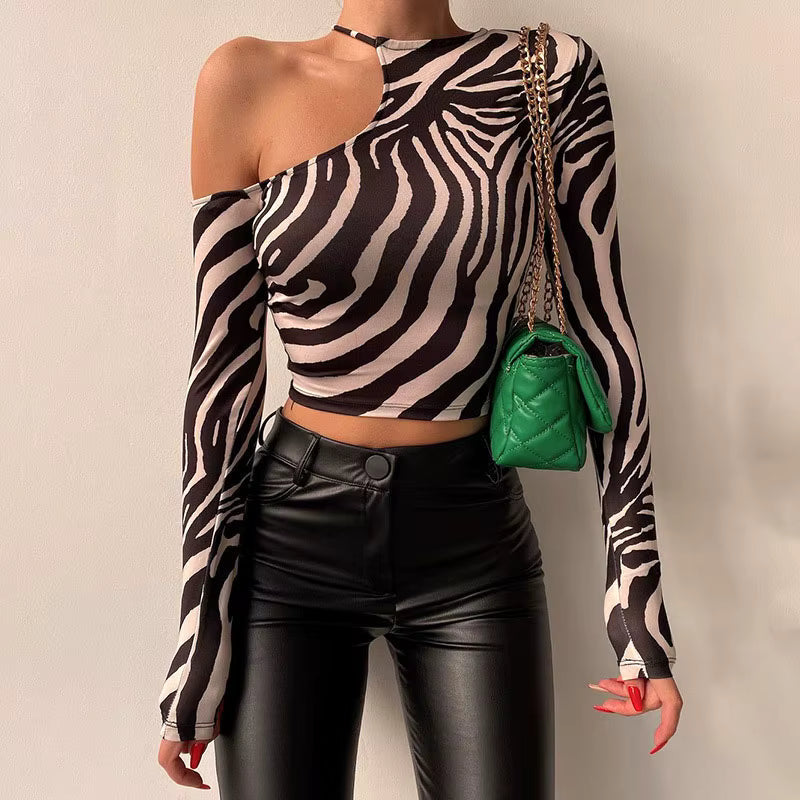 Casual Long Sleeve Strapless Zebra Print Irregular Streetwear Short Top Mssza