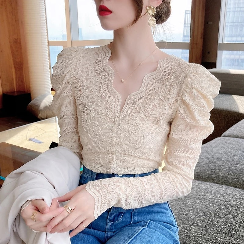 Casual Long Sleeve V Neck Lace Blouse Mssza