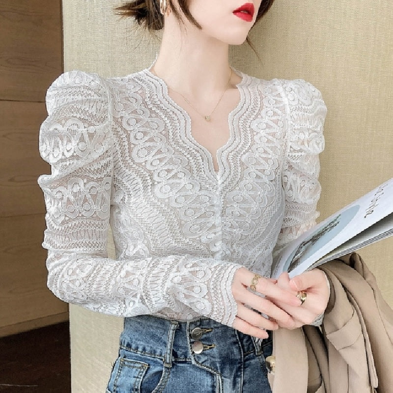 Casual Long Sleeve V Neck Lace Blouse Mssza