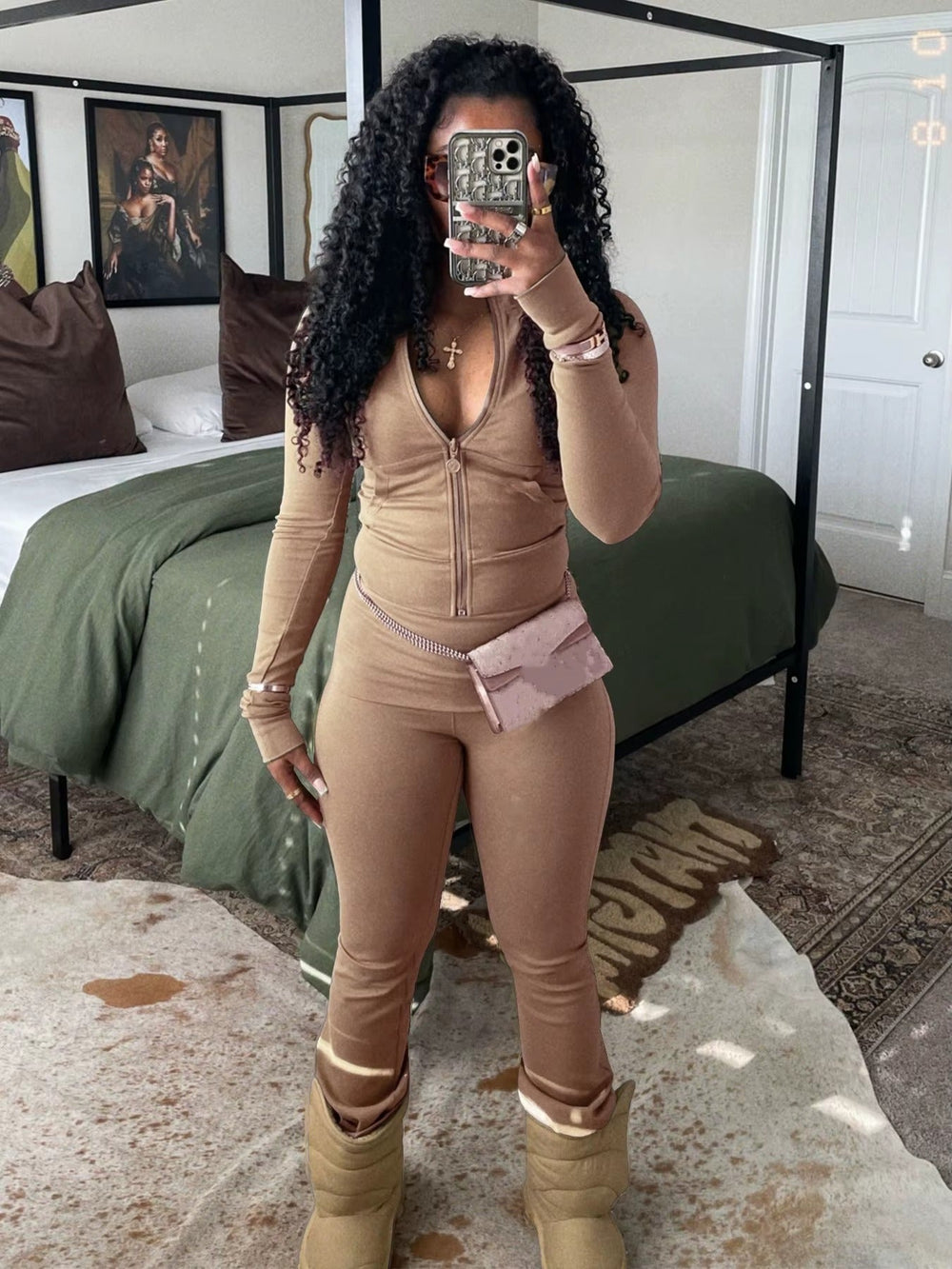 Casual Long Sleeve Zip Crop Tops Flared Pants Fitness Tracksuits 2 Piece Sets Mssza