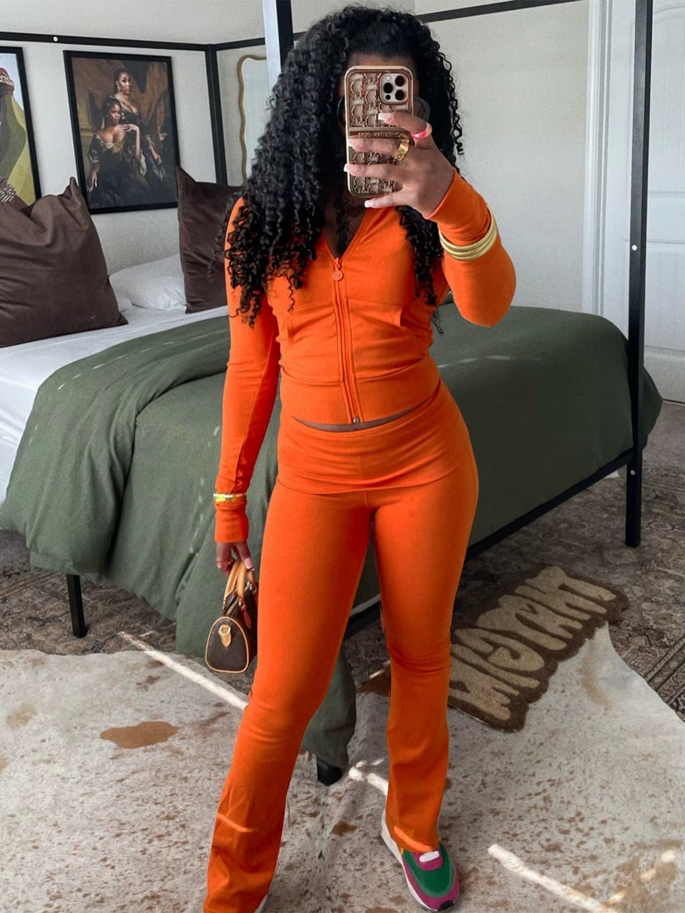 Casual Long Sleeve Zip Crop Tops Flared Pants Fitness Tracksuits 2 Piece Sets Mssza