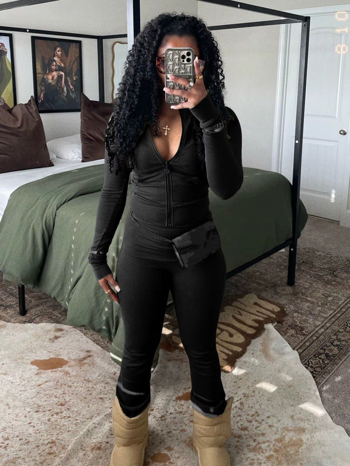 Casual Long Sleeve Zip Crop Tops Flared Pants Fitness Tracksuits 2 Piece Sets Mssza