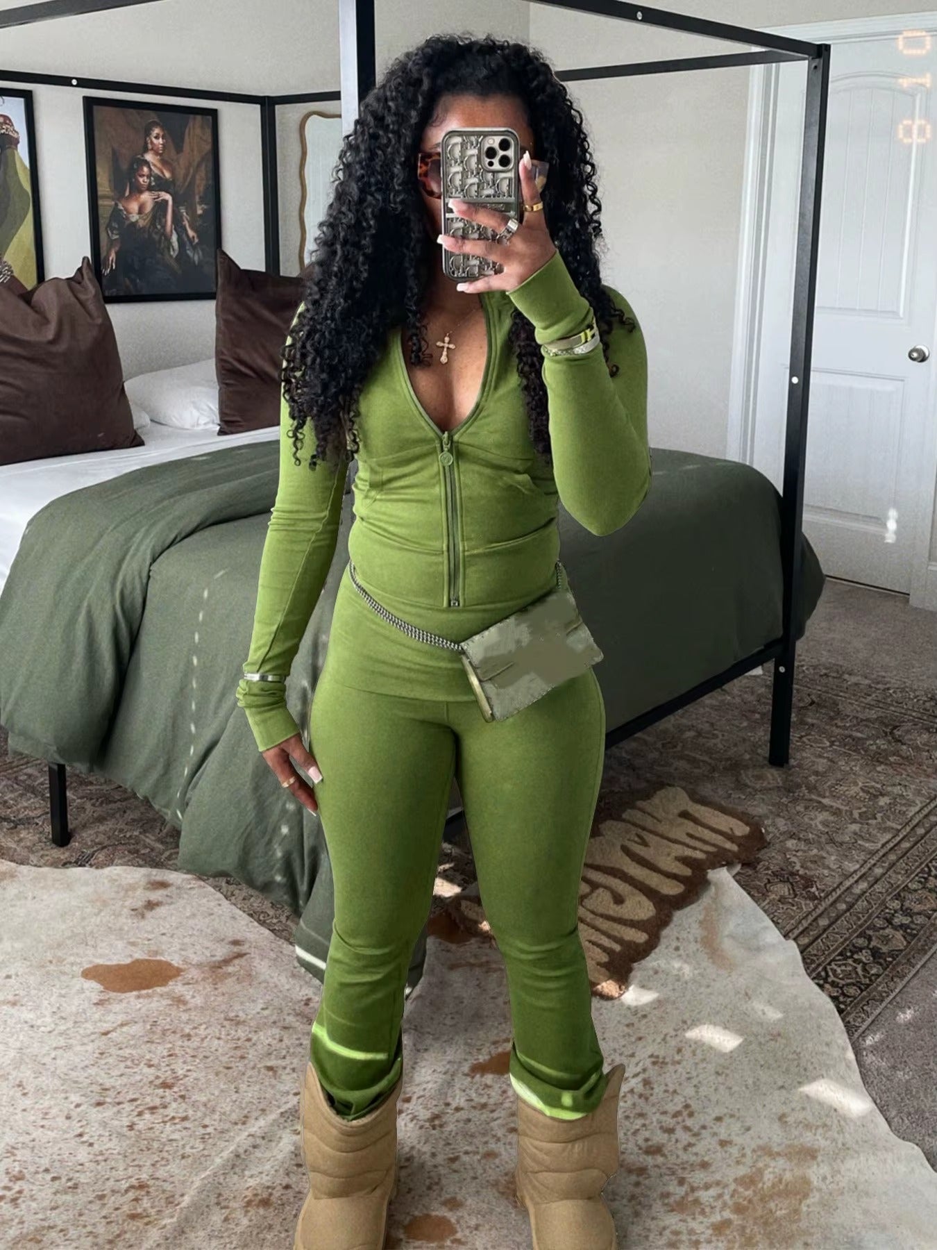 Casual Long Sleeve Zip Crop Tops Flared Pants Fitness Tracksuits 2 Piece Sets Mssza