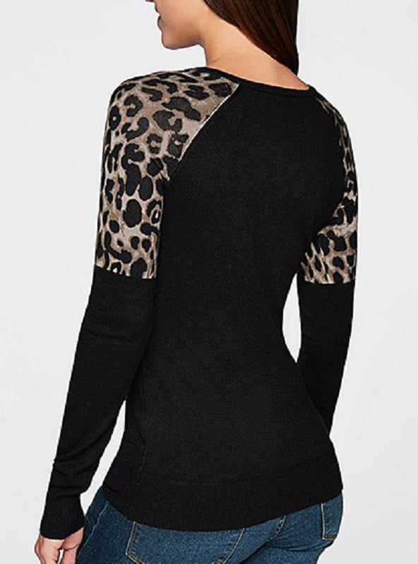 Casual Long Sleeved Leopard Trim Tops Mssza