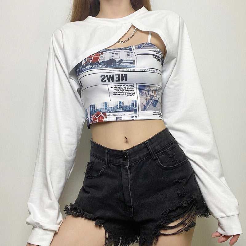 Casual Long Sleeved O-Neck Patchwork Loose Crop Top Mssza