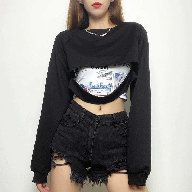 Casual Long Sleeved O-Neck Patchwork Loose Crop Top Mssza