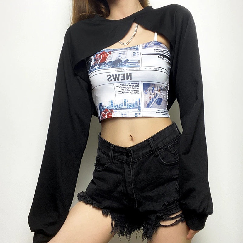 Casual Long Sleeved O-Neck Patchwork Loose Crop Top Mssza