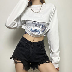Casual Long Sleeved O-Neck Patchwork Loose Crop Top Mssza