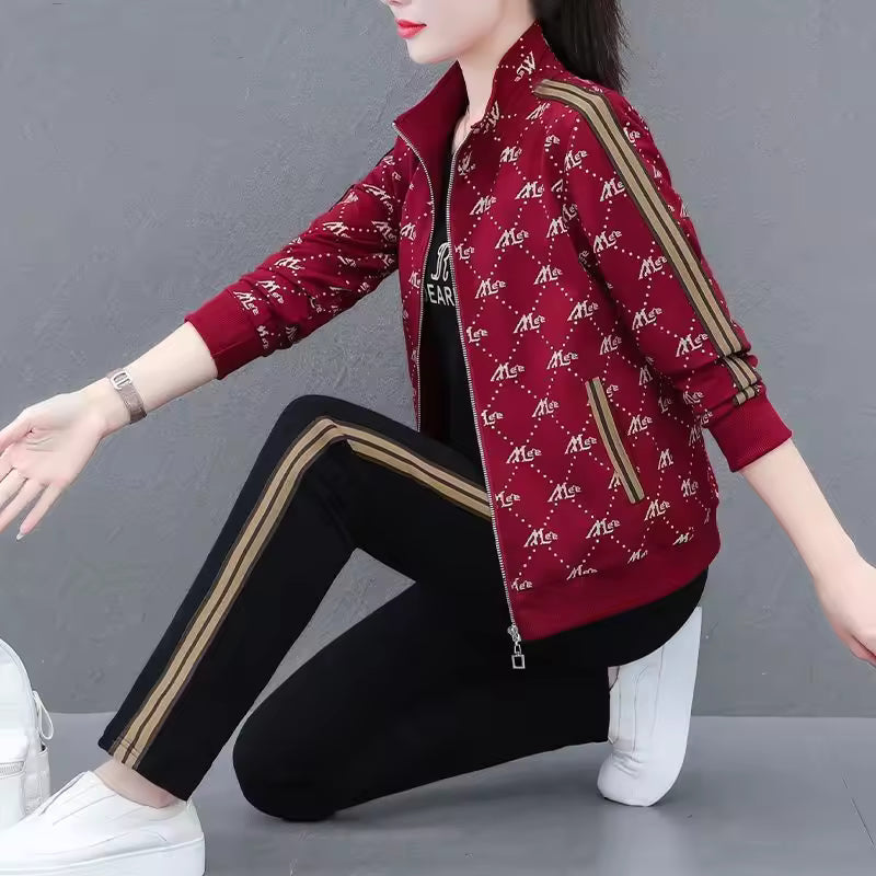 Casual Long-Sleeved Printed Zipper Coat Pants Sportswear Set Mssza