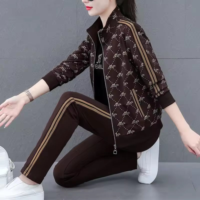 Casual Long-Sleeved Printed Zipper Coat Pants Sportswear Set Mssza