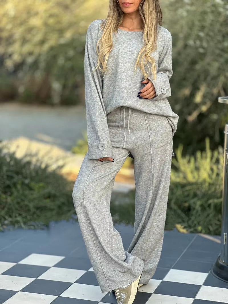 Casual Long Sleeved Simple Pocket Solid Color Wide Leg Trousers T-shirt Suit  2 Piece Set Mssza
