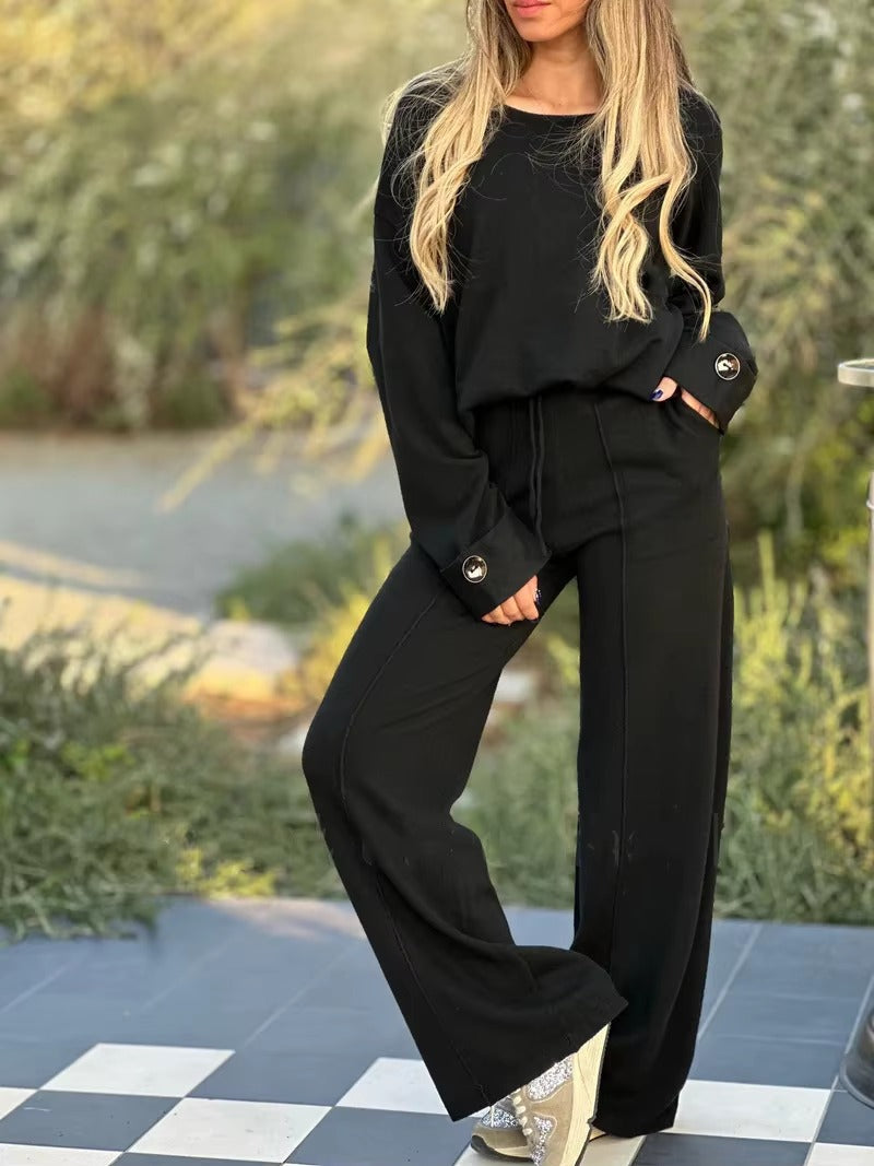 Casual Long Sleeved Simple Pocket Solid Color Wide Leg Trousers T-shirt Suit  2 Piece Set Mssza