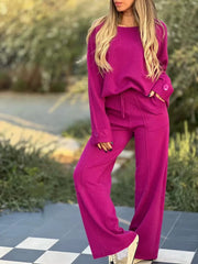 Casual Long Sleeved Simple Pocket Solid Color Wide Leg Trousers T-shirt Suit  2 Piece Set Mssza