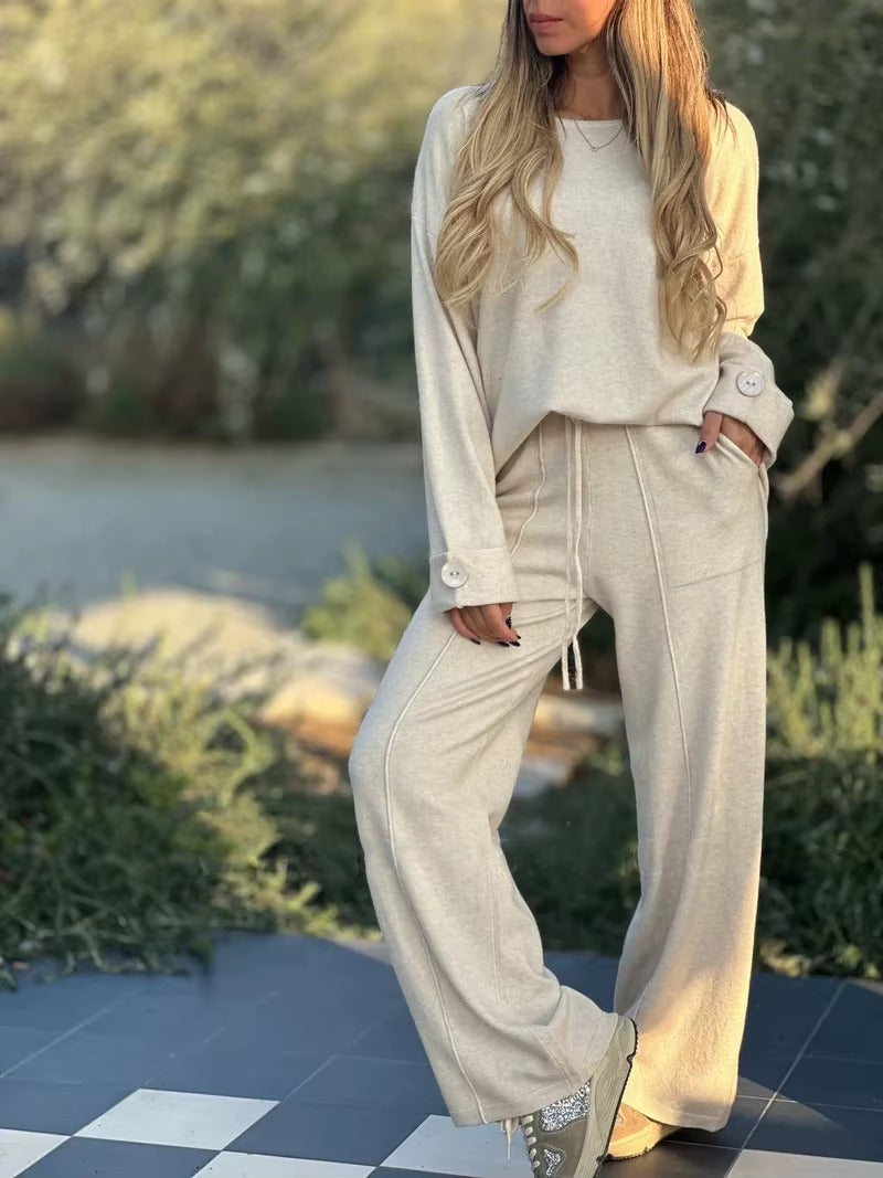 Casual Long Sleeved Simple Pocket Solid Color Wide Leg Trousers T-shirt Suit  2 Piece Set Mssza