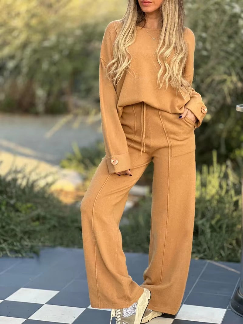 Casual Long Sleeved Simple Pocket Solid Color Wide Leg Trousers T-shirt Suit  2 Piece Set Mssza