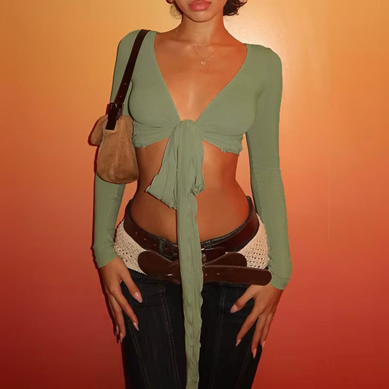 Casual Long Sleeves V-neck Solid Slim Lace Up Leisure Crop Top Mssza