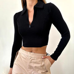 Casual Long Sleeves Zippers Turn-down Collar Medium Stretch short Crop Top Mssza