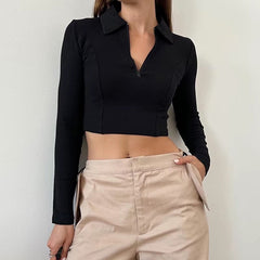 Casual Long Sleeves Zippers Turn-down Collar Medium Stretch short Crop Top Mssza
