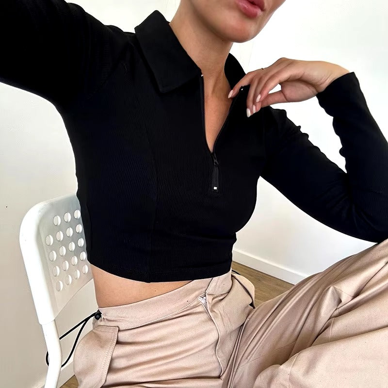 Casual Long Sleeves Zippers Turn-down Collar Medium Stretch short Crop Top Mssza