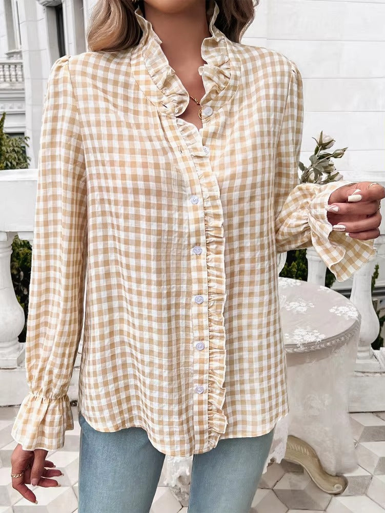 Casual Long-sleeve Single Breasted Ruffled Plaid Button Shirts Mssza