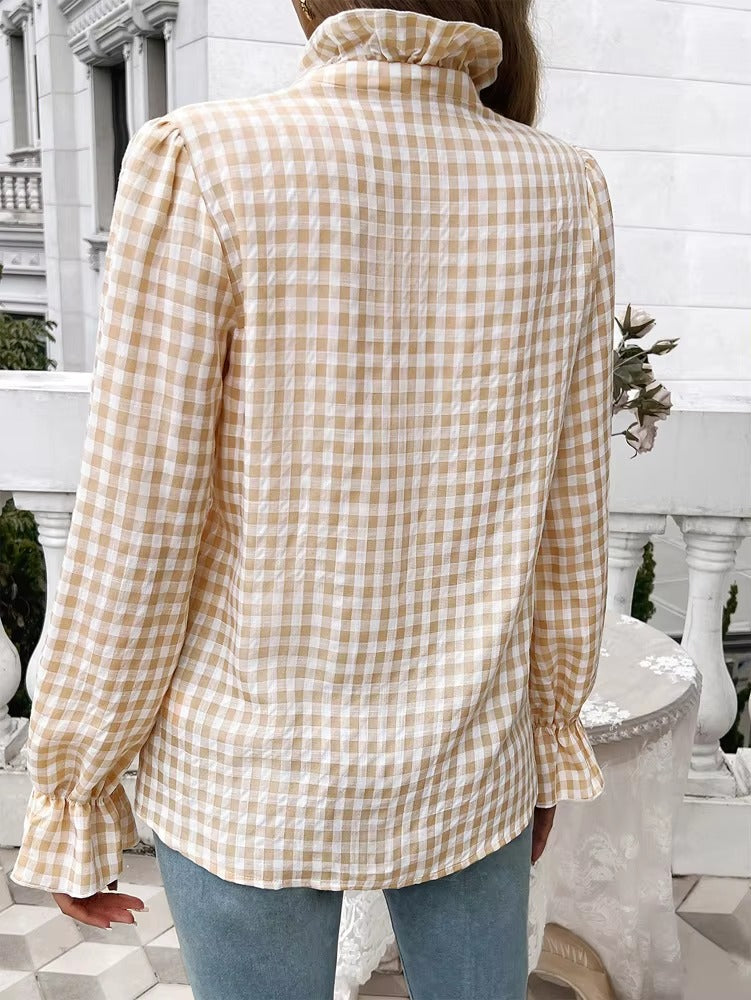 Casual Long-sleeve Single Breasted Ruffled Plaid Button Shirts Mssza