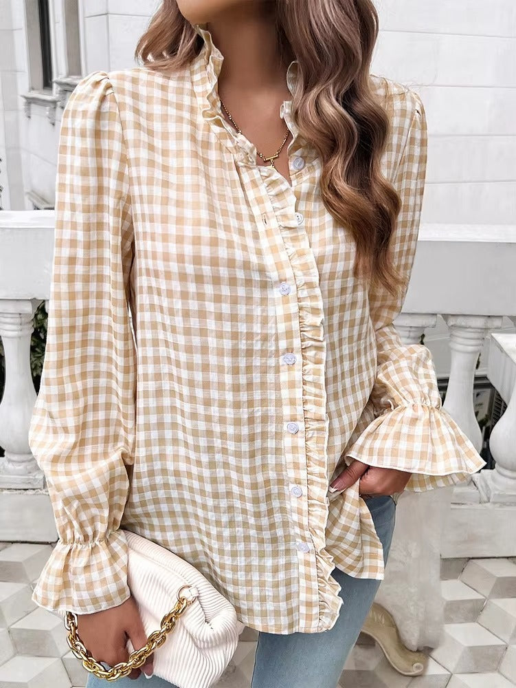 Casual Long-sleeve Single Breasted Ruffled Plaid Button Shirts Mssza