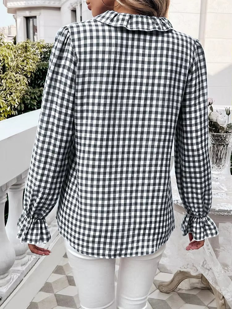 Casual Long-sleeve Single Breasted Ruffled Plaid Button Shirts Mssza