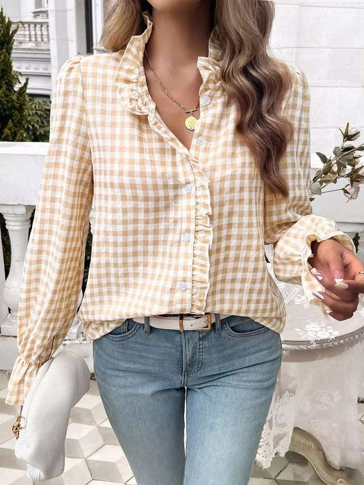 Casual Long-sleeve Single Breasted Ruffled Plaid Button Shirts Mssza
