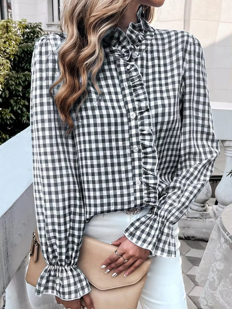 Casual Long-sleeve Single Breasted Ruffled Plaid Button Shirts Mssza