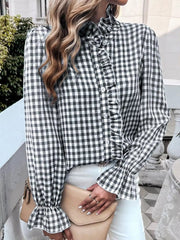 Casual Long-sleeve Single Breasted Ruffled Plaid Button Shirts Mssza
